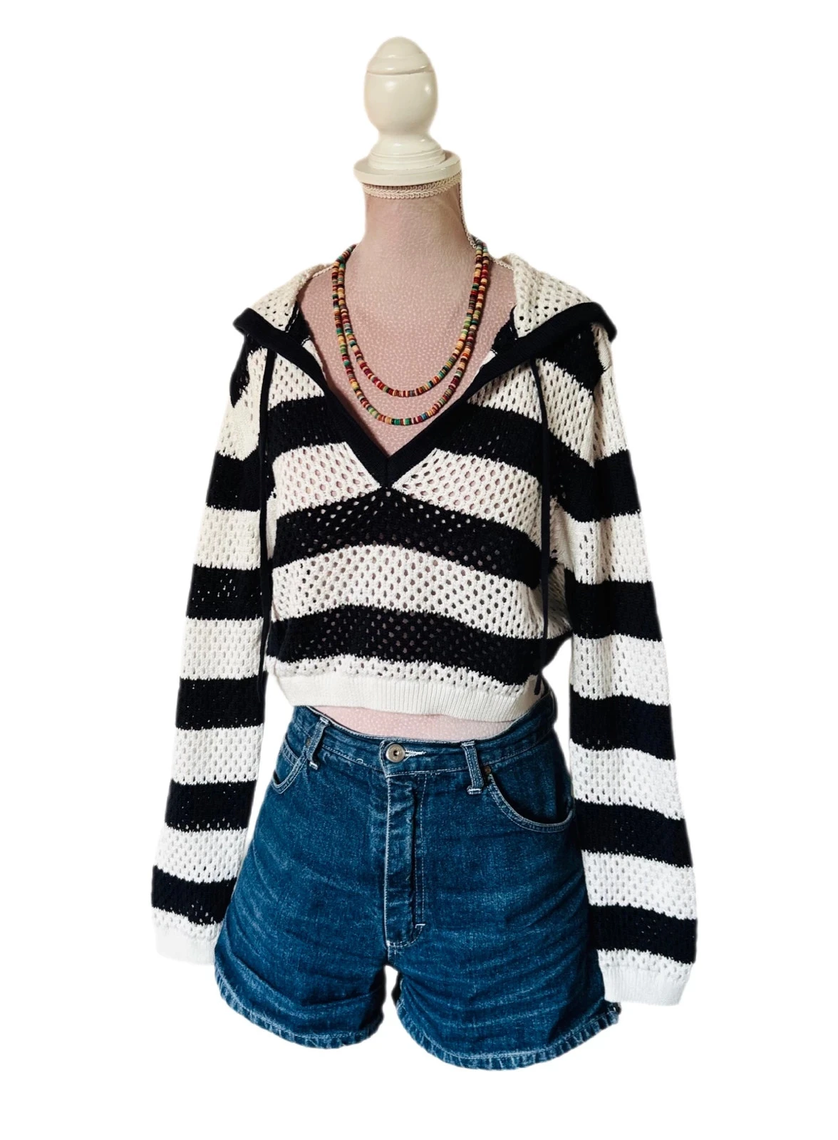 💙🌿Suéter curto de crochê com capuz e listras Y2K Beachwear festival hoodie crop striped sweater S/M🌿💙 – photo 5